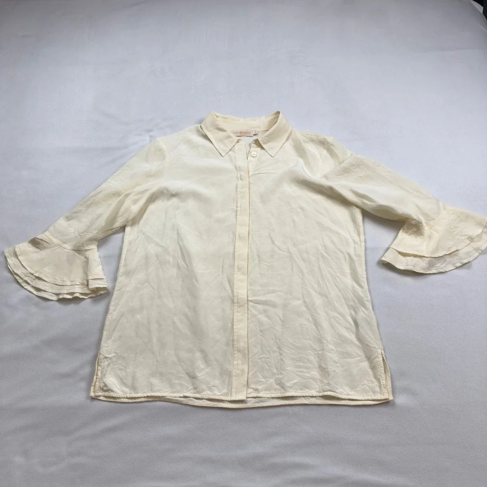 Tory‎ Burch Silk Ruffle Cuff Blouse Cream Ivory Button Down Shirt Size 8 49863